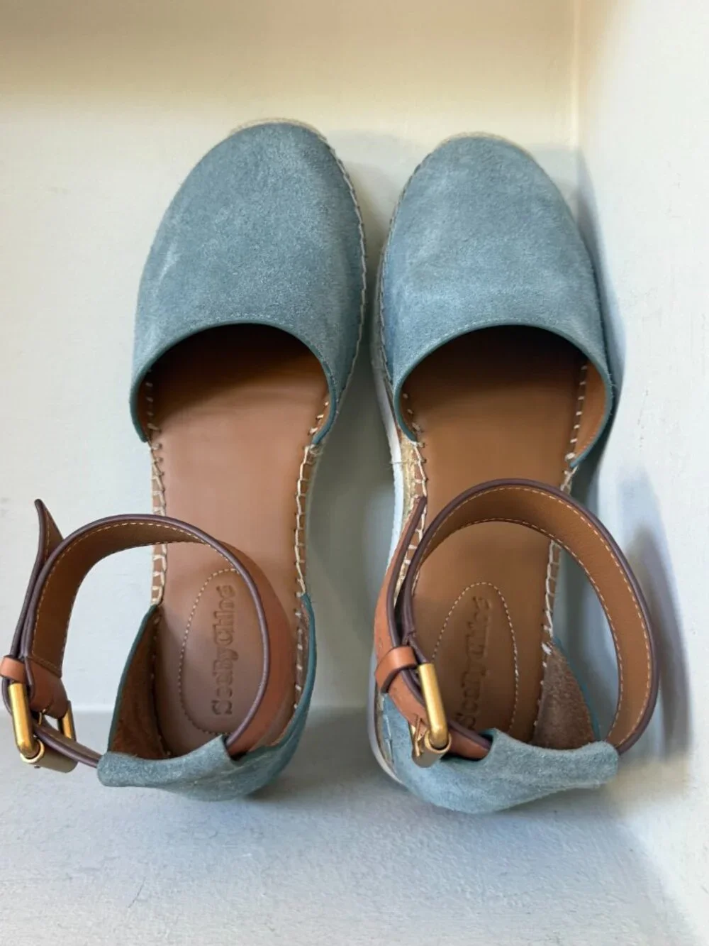 See by Chloé Glyn Blue Suede Platform Espadrille Sandals Ankle Strap 10